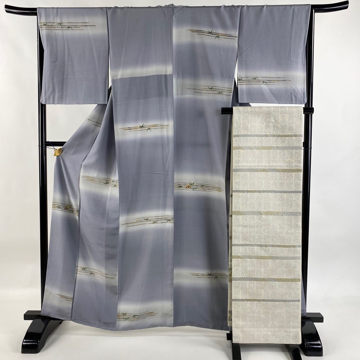 付下げ 身丈162cm 裄丈65.5cm M 袷 袋帯セット ほていや 竹 螺鈿 金彩 青灰色 正絹