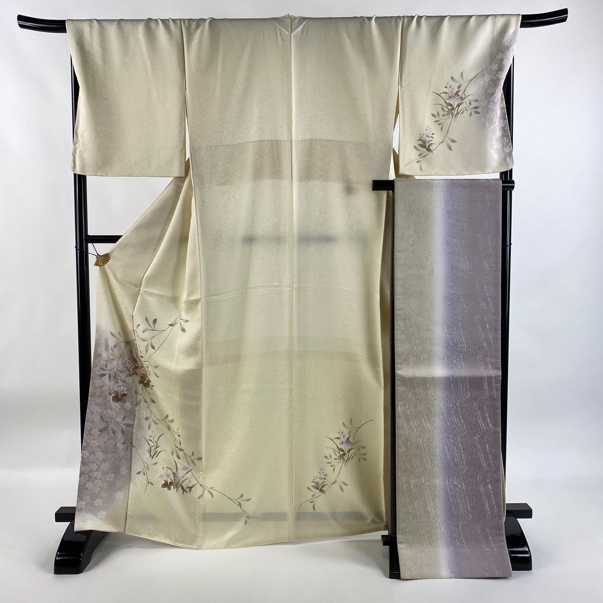 付下げ 身丈167cm 裄丈70cm L 袷 袋帯セット 桜 草花 金銀彩 ぼかし クリーム 正絹 秀品