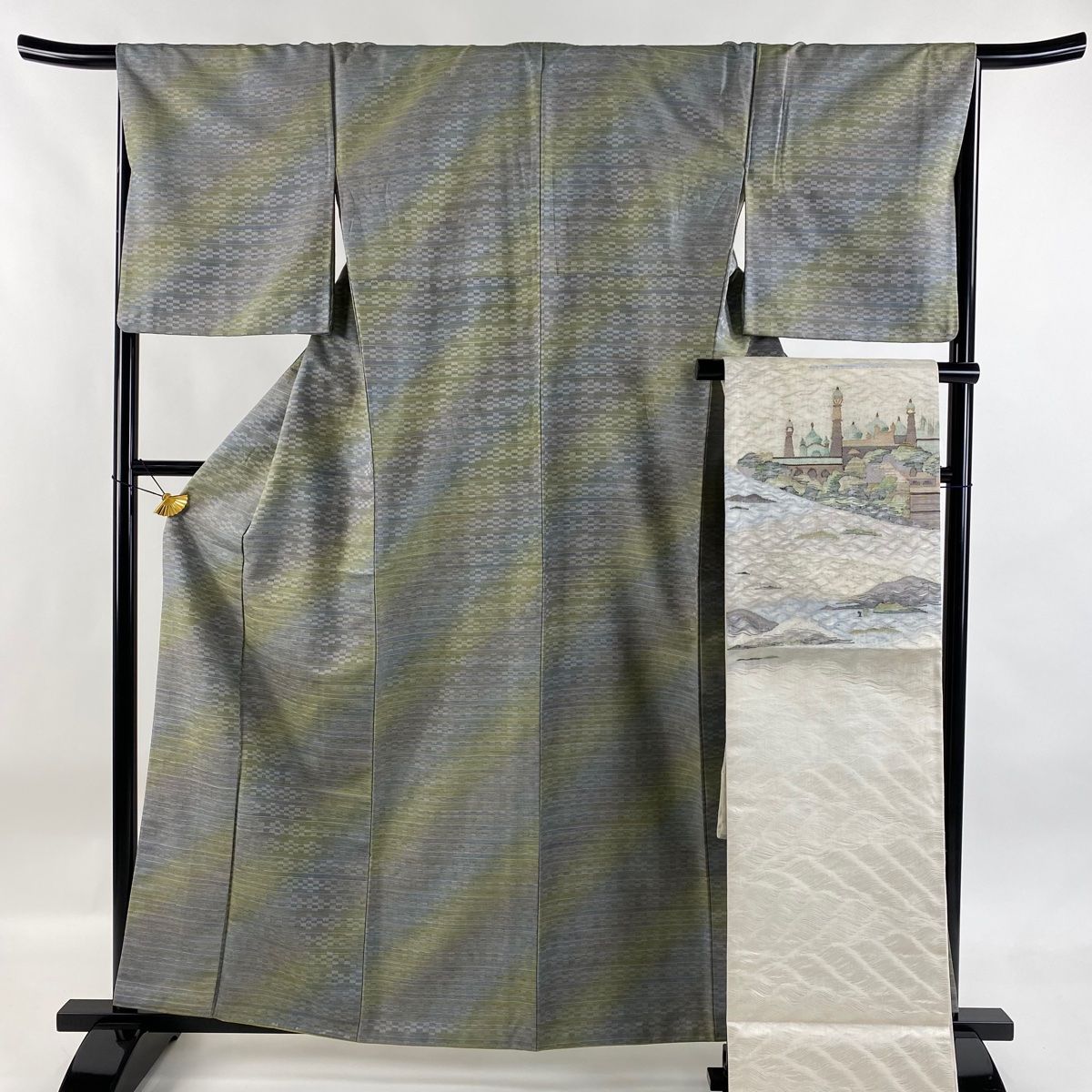 紬 身丈161.5cm 裄丈66cm M 袷 袋帯セット 横縞 変わり市松 灰紫 正絹 秀品