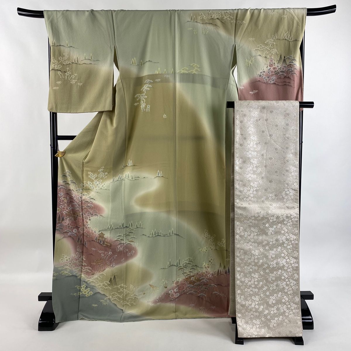 訪問着 身丈171.5cm 裄丈68.5cm L 袷 袋帯セット 松竹梅 建物 絞り ぼかし 薄緑 正絹 秀品