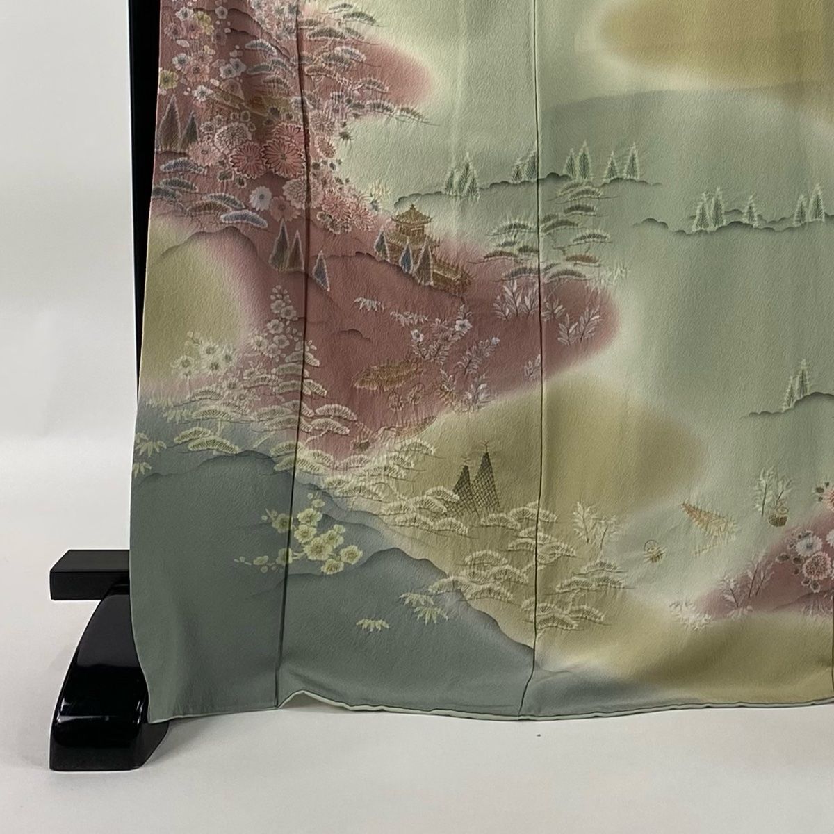 訪問着 身丈171.5cm 裄丈68.5cm L 袷 袋帯セット 松竹梅 建物 絞り ぼかし 薄緑 正絹 秀品