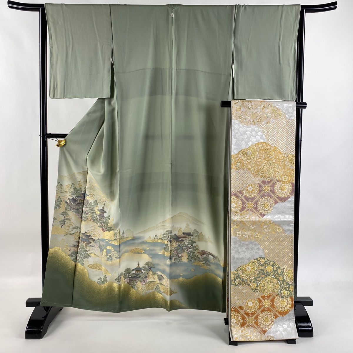 色留袖 身丈160 cm 裄丈64 M 袷 袋帯セット 高野山水図 建物 金糸 ぼかし 灰緑 正絹 秀品 一つ紋