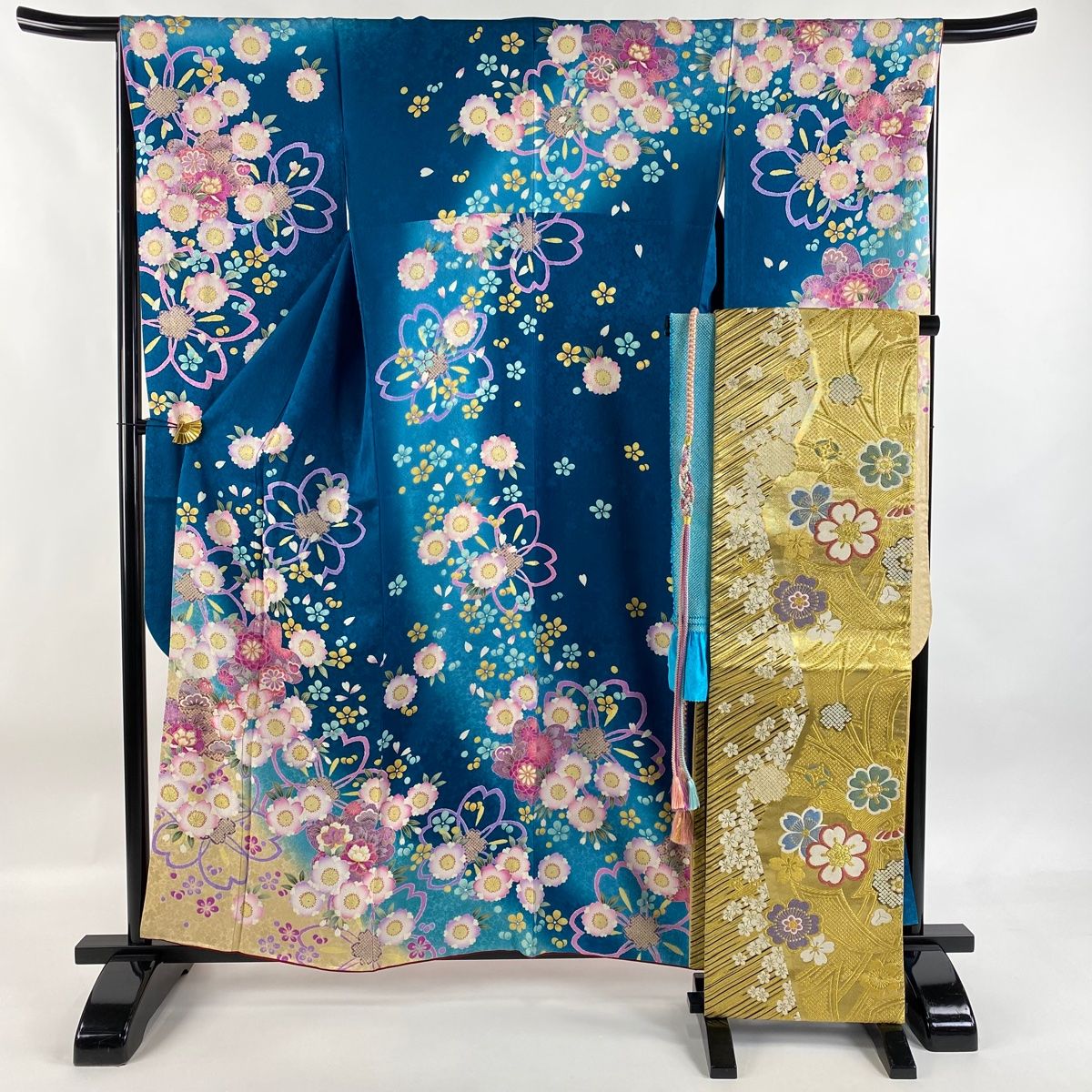 振袖 身丈159cm 裄丈66cm M 袷 袋帯フルセット 桜 菊 箔 金彩 青緑 正絹