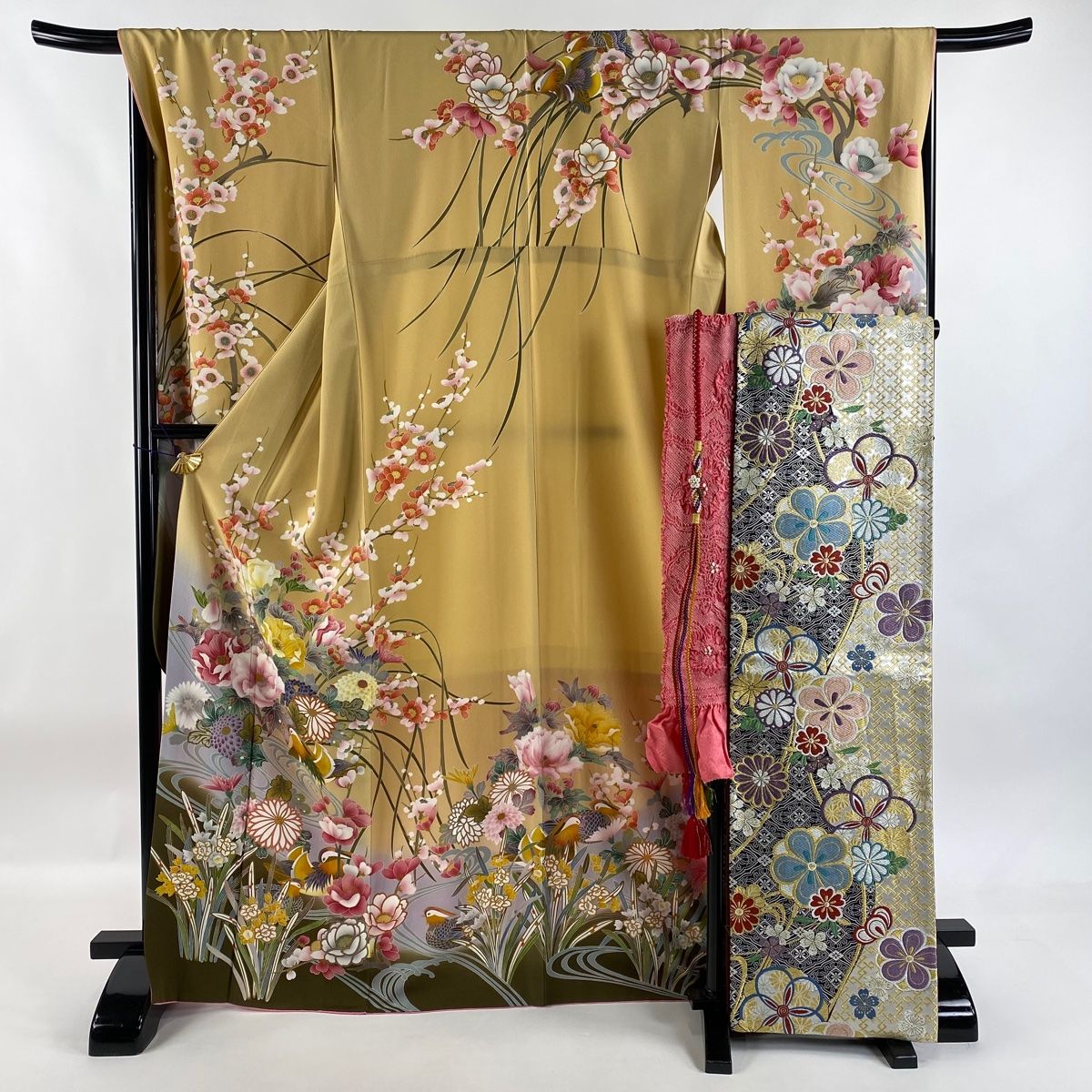 振袖 身丈167.5cm 裄丈68cm L 袷 袋帯フルセット 草花 鴛鴦 金彩 ぼかし ベージュ 正絹 秀品