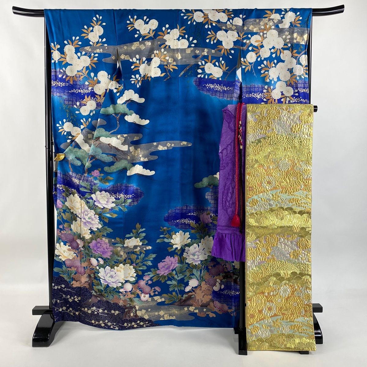 振袖 身丈167.5cm 裄丈67cm M 袷 袋帯フルセット 牡丹 雲文 金彩 ぼかし 青 正絹 秀品