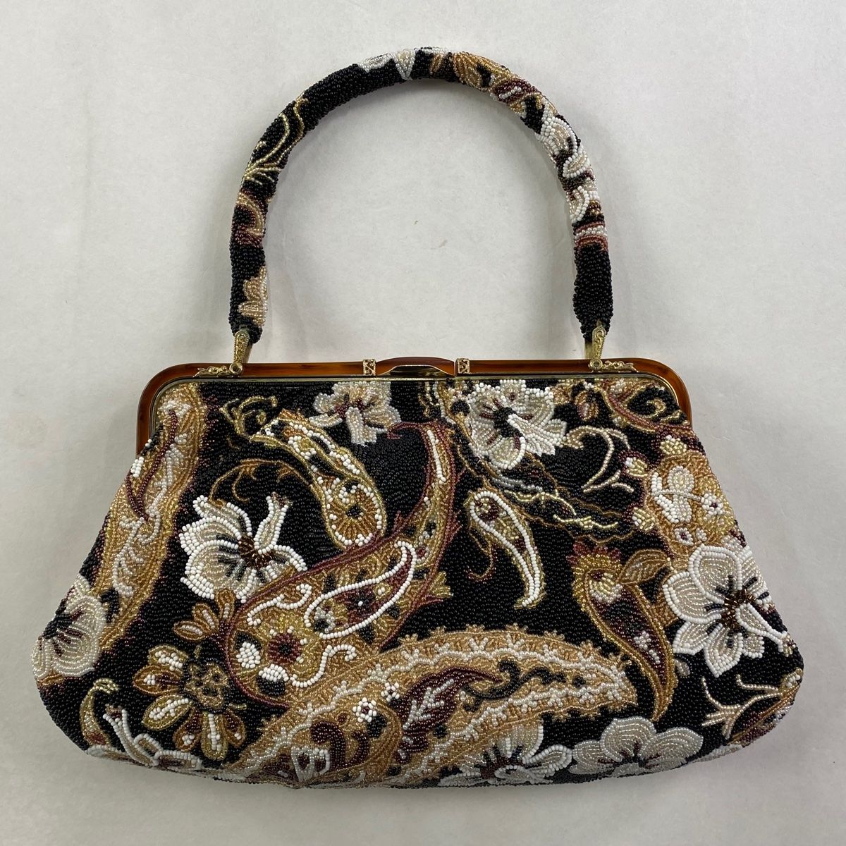 和装バッグ 優品 ビーズバッグ フォーマル 花 ペイズリー柄 黒 ビーズ 和装小物