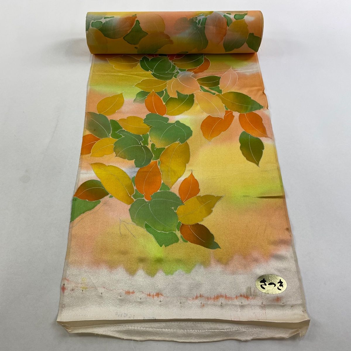 反物 秀品 小紋 葉柄 霞 ぼかし オレンジ 正絹