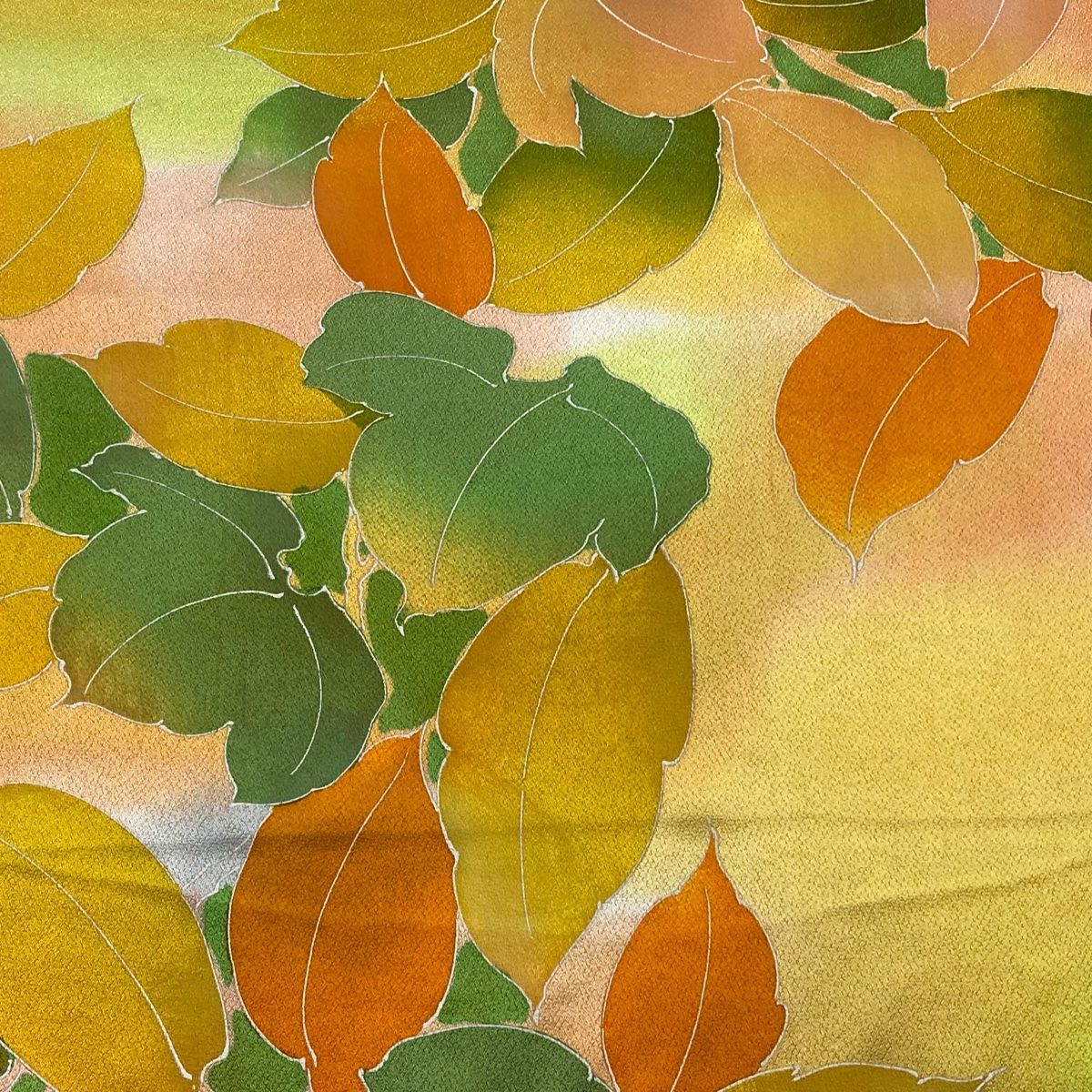 反物 秀品 小紋 葉柄 霞 ぼかし オレンジ 正絹