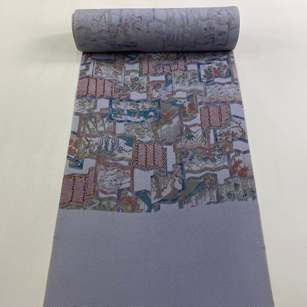 反物 秀品 小紋 屏風 花鳥 縮緬 青灰色 正絹