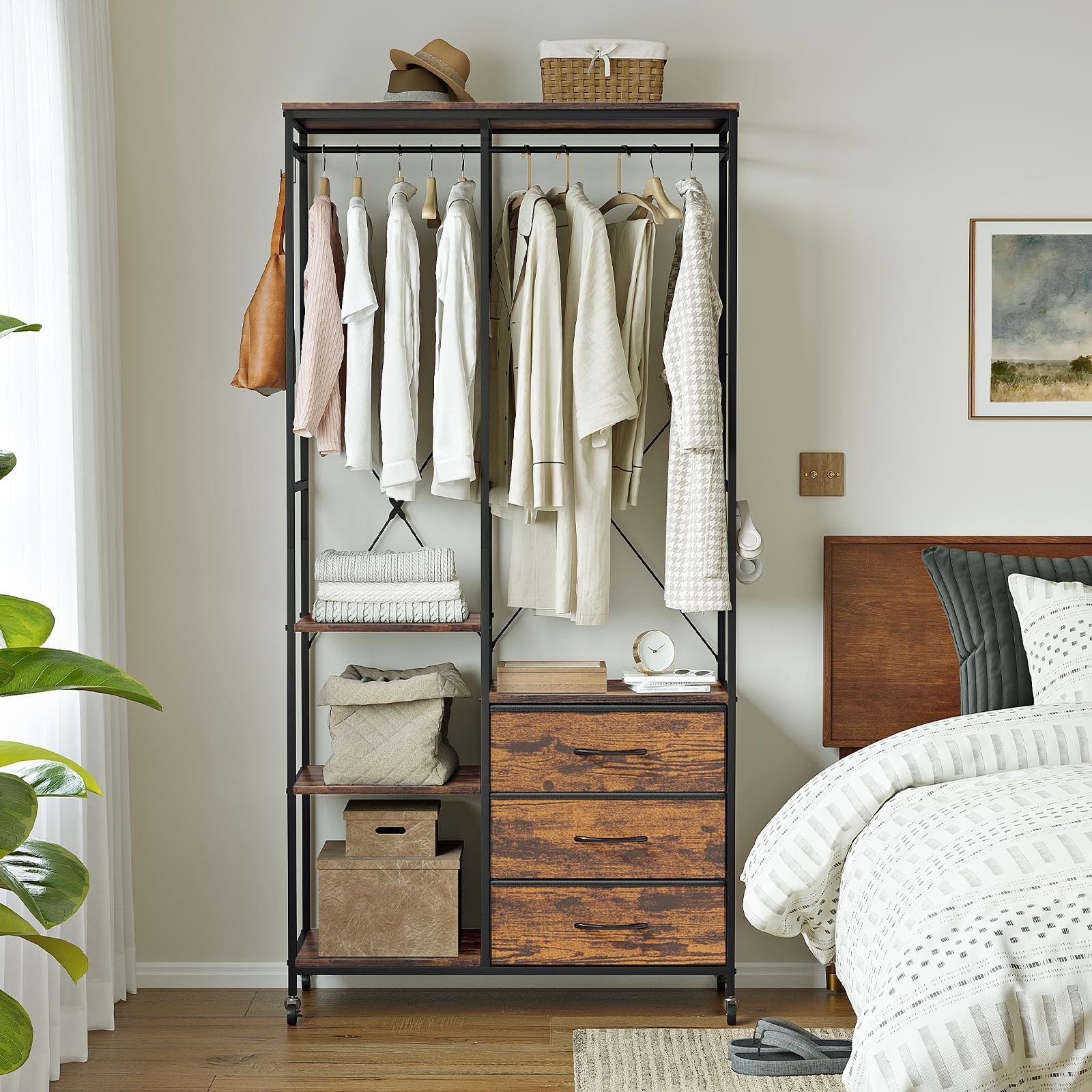 ハンガーラック 引き出し付き 収納付き ワードローブ 衣装棚 押し入れ 棚付き 棚板可動式 収納付き 収納ラック 洋服掛け 衣類 衣装 クローゼット ズボンハンガー 大容量 頑丈 wardrobe 全体耐荷重120kg 高防水性皮革 ウォールナット×ブラ