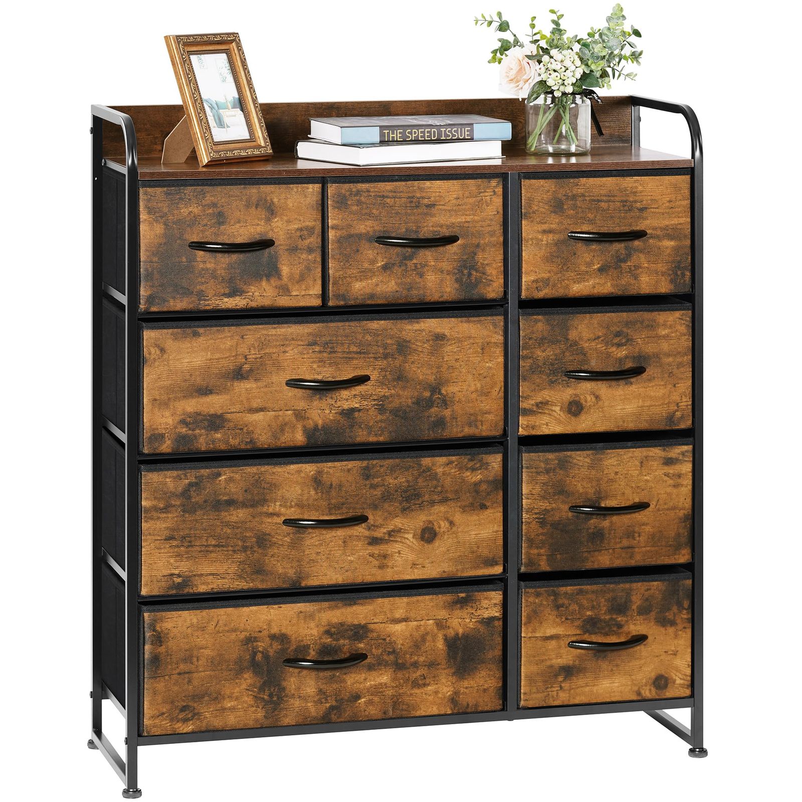 LYNCOHOME チェスト タンス ブラウン 北欧風 ヴィンテージ風 布製 引き出し 木製天板 大容量 リビング収納 オシャレ 衣類収納 一人暮らし 低ホルム 4段9杯 幅87.5×奥行29×高さ99.5cm