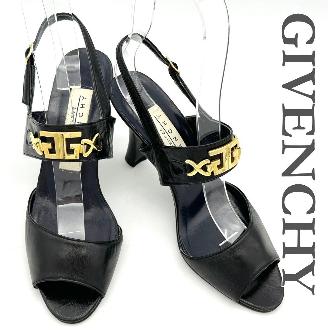 GIVENCHY サンダル 本革 ゴールド金具 バックストラップ ブラック 2373T