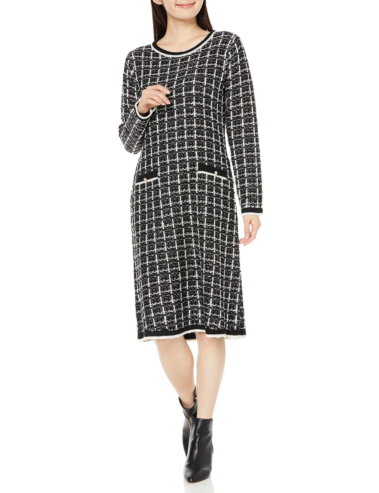 デビュー ド フィオレ カジュアルドレス ツイード風ニットワンピース レディース クロ 038