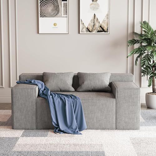 PurrJoys ソファー 2人掛け 幅120 cm ハイブリッド箱入ソファーベッド 組み立て不要 2つの枕付き 猫の爪に強いリネン生地 小さなスペースに最適 一人用にも対応 グレー