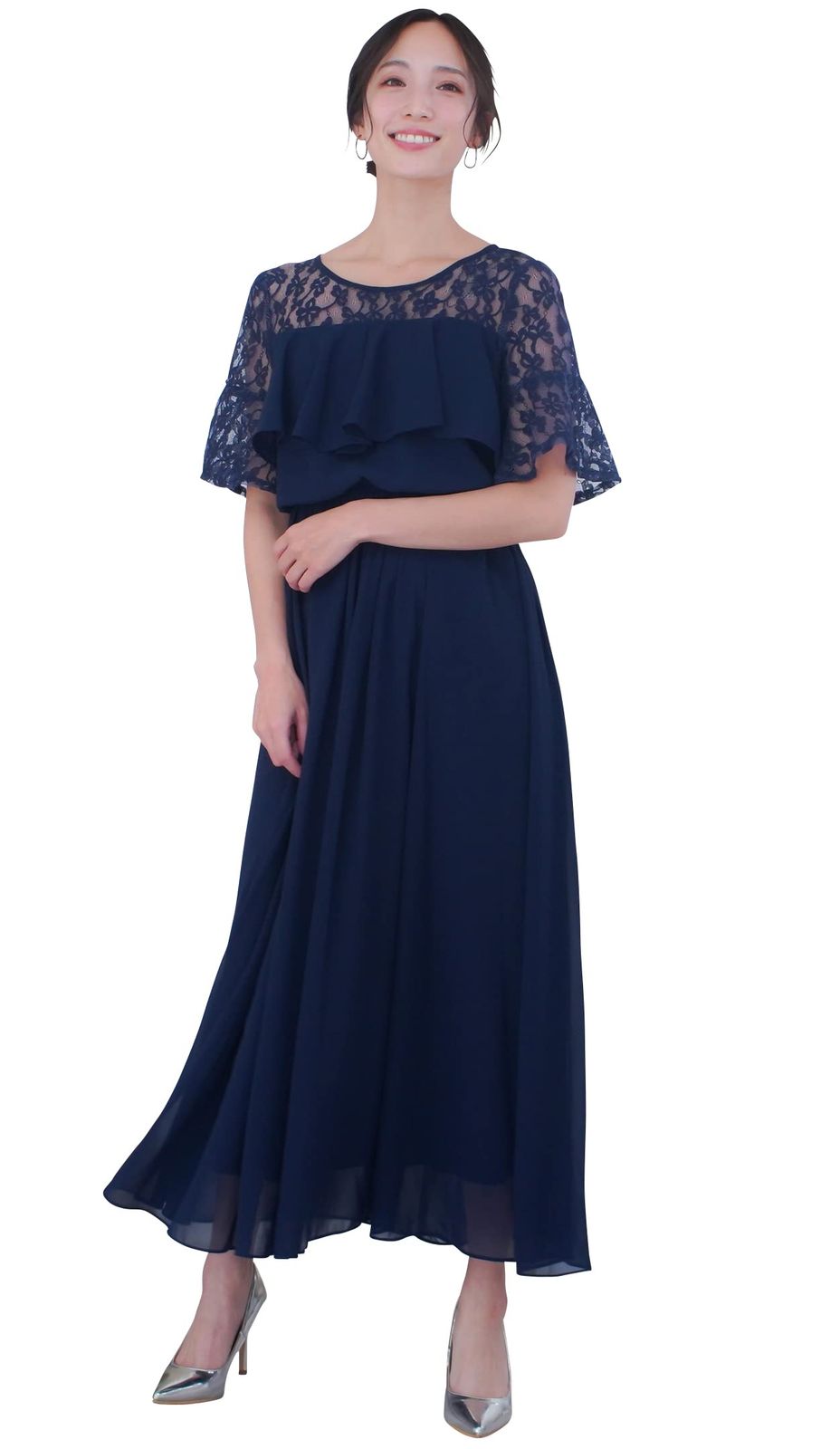 EightSTAR Dress パーティードレス 大きいサイズ ロング 大人 ゆったり 結婚式ドレス お呼ばれ Aライン 袖あり 体型カバー ぽっちゃり 上品 20代 30代 40代 妊婦 JP アルファベット L ネイビー