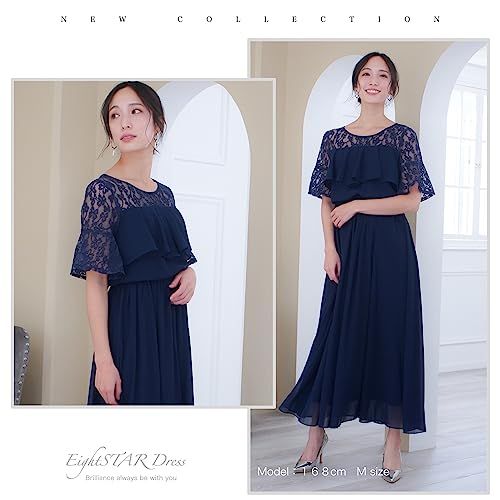 EightSTAR Dress パーティードレス 大きいサイズ ロング 大人 ゆったり 結婚式ドレス お呼ばれ Aライン 袖あり 体型カバー ぽっちゃり 上品 20代 30代 40代 妊婦 JP アルファベット L ネイビー