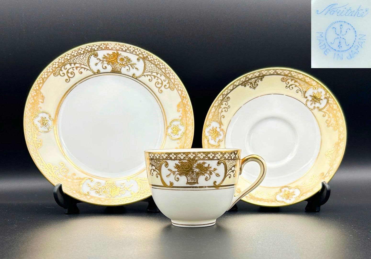 ノリタケ トリオ カップ ソーサー プレート マルキ印 里帰り アンティーク 金盛り 花かご文 大正末期 1920年代 F034