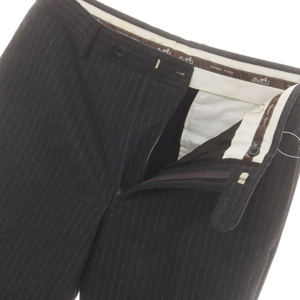 ギフト エルメス HERMES ストレッチ ウールカシミヤ ストライプ ドレススラックスパンツ チャコールxカーキ サイズ48 メンズ 地球