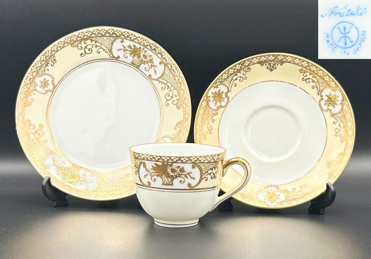 ノリタケ トリオ カップ ソーサー プレート マルキ印 里帰り アンティーク 金盛り 花かご文 大正末期 1920年代 F035