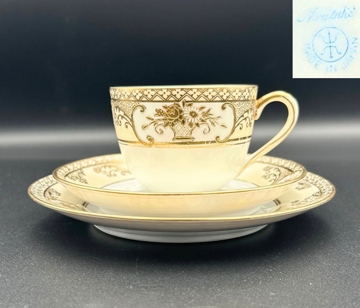 ノリタケ トリオ カップ ソーサー プレート マルキ印 里帰り アンティーク 金盛り 花かご文 大正末期 1920年代 F037