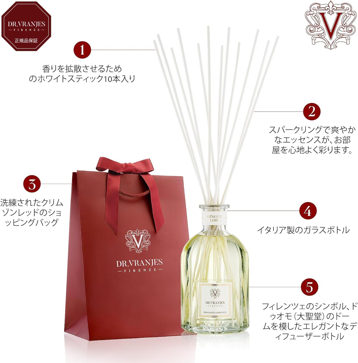 直営 DR. VRANJES ドットール ヴラニエス ディフューザー GINGER LIME ジンジャー ライム 250ml ルームフレグランス リードディフューザー エレガントなオリジナルショッピングバッグ付き メイドインイタリア シトラスフルーテ