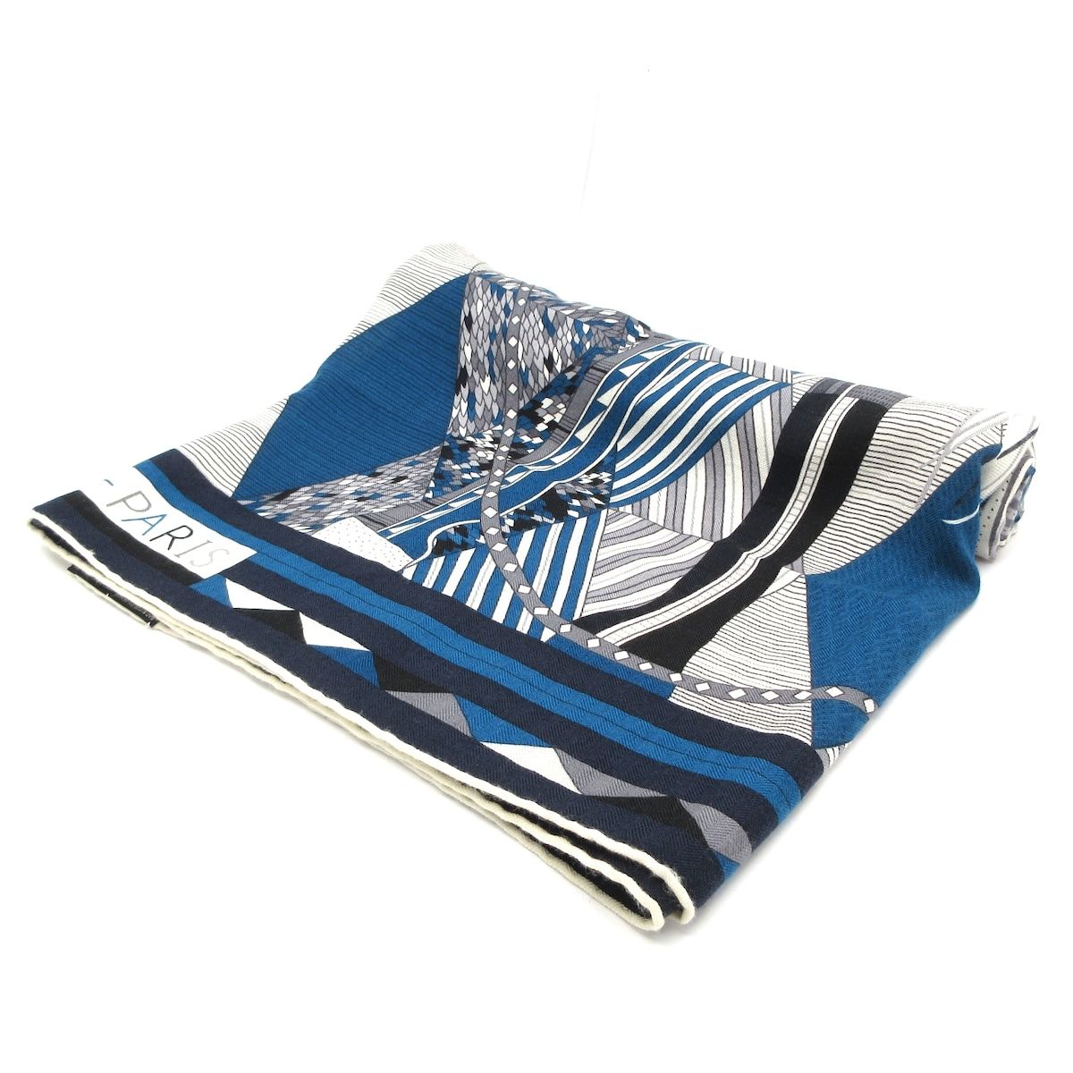 HERMES エルメス ストール ショール カレ140 カレジェアン アイボリー×ネイビー×マルチ PATCHWORK HORSE カシミヤ シルク