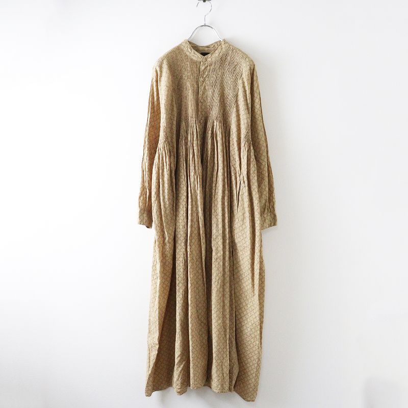 メゾンドソイル maison de soil 手染め ブロックプリント ミニピンタック ワンピース 2|ベージュ 総柄 ドレス 2400014669275