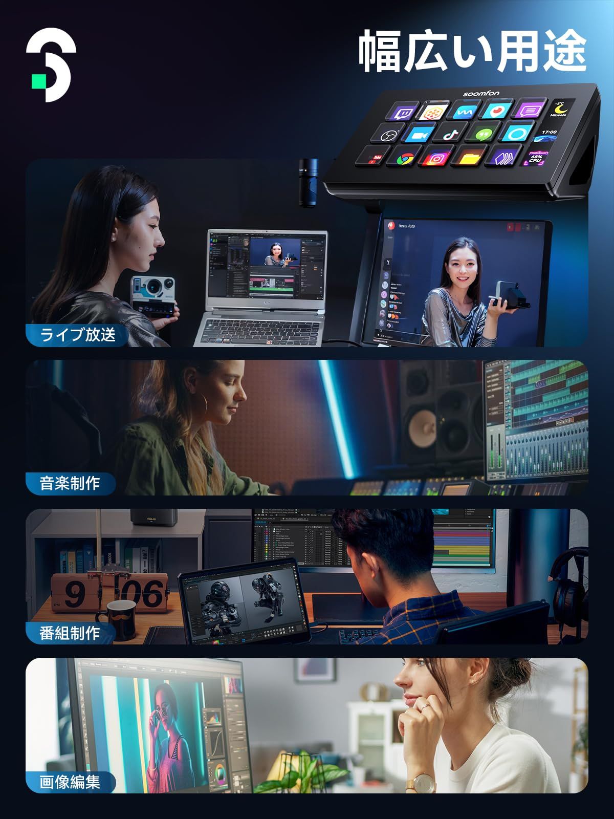 ライブコンテンツ作成用のコントローラー ストリームデック 配信者向けデバイス 15キー配列 Deck Control OBS Twitch YouTube連携 Studio Stream Mac PC対応 SOOMFON 黒 Contr