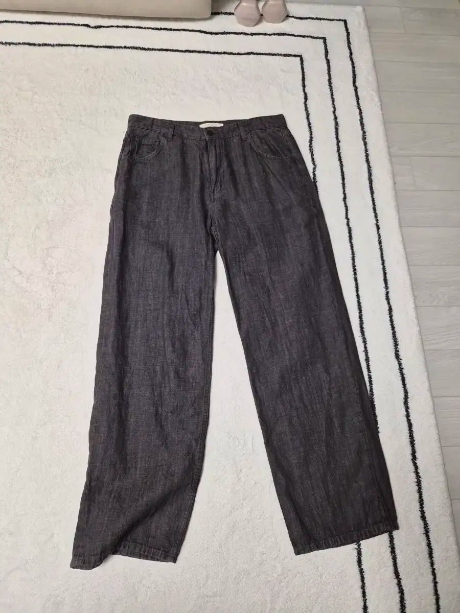 ファーストフロア リネン デニム スラックス パンツ グレー 50 サイズ