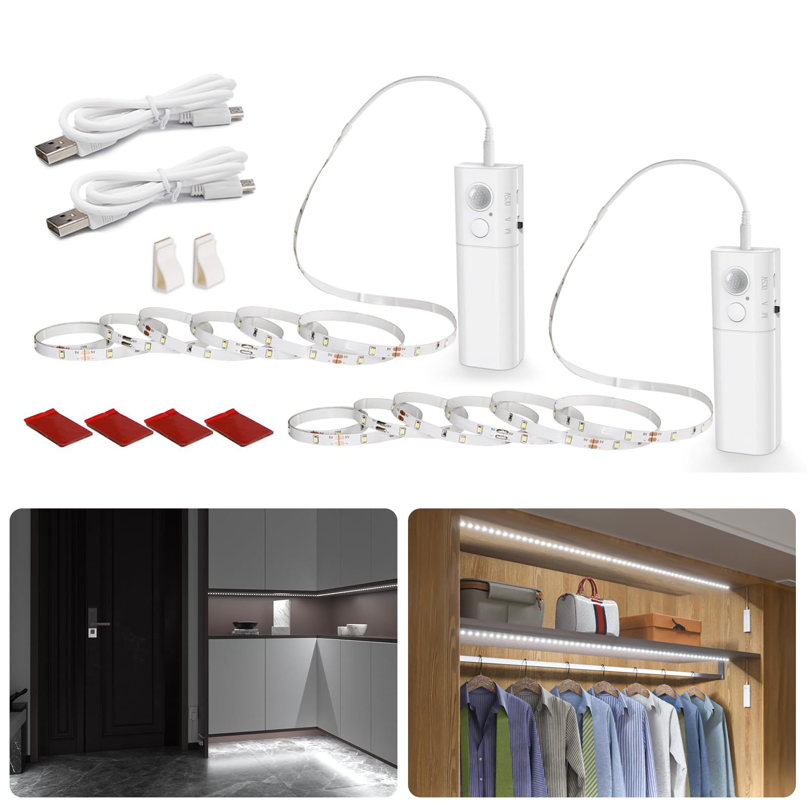 新品 Wobane 人感センサー led テープライト 4m 昼光色「2Mx2本・充電式・人感・明暗センサー・どこでも設置可・工事不要」 diy 自動点灯 階段 賃貸 壁 間接照明 足元灯 フットライト SMD2835 高演