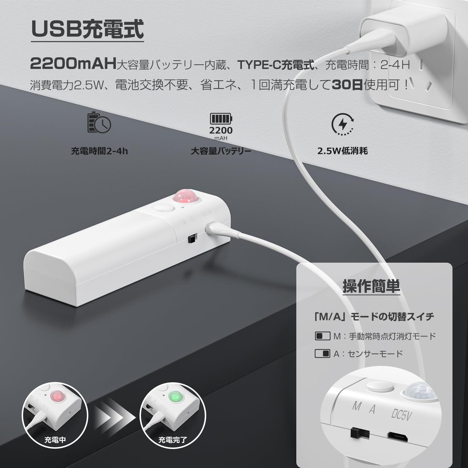 新品 Wobane 人感センサー led テープライト 4m 昼光色「2Mx2本・充電式・人感・明暗センサー・どこでも設置可・工事不要」 diy 自動点灯 階段 賃貸 壁 間接照明 足元灯 フットライト SMD2835 高演