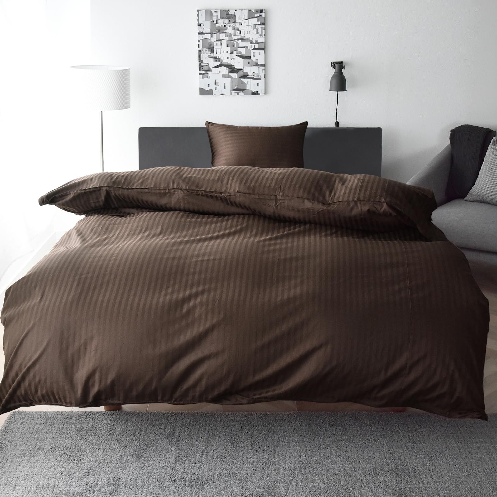 布団カバー セット シングル 3点セット 防ダニ 綿 サテンストライプ 高密度生地315本 掛け布団カバー ボックスシーツ 枕カバー 北欧 おしゃれ エトワール シングル ショコラブラウン