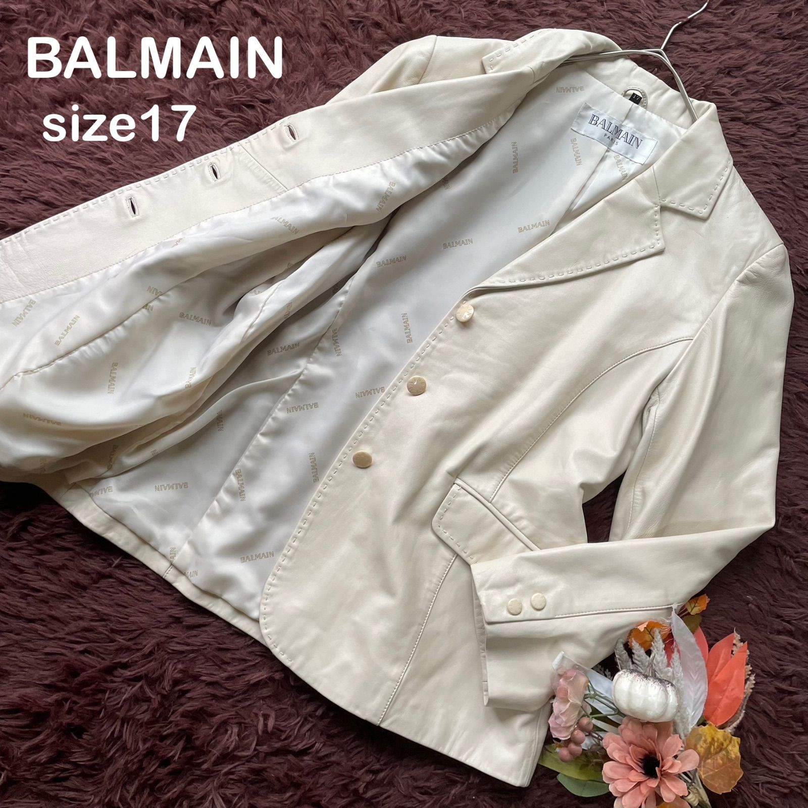 BALMAIN バルマン ラムレザーテーラードジャケット 3B 裏地総柄 大きいサイズ 17 羊革 本革 ロゴボタン