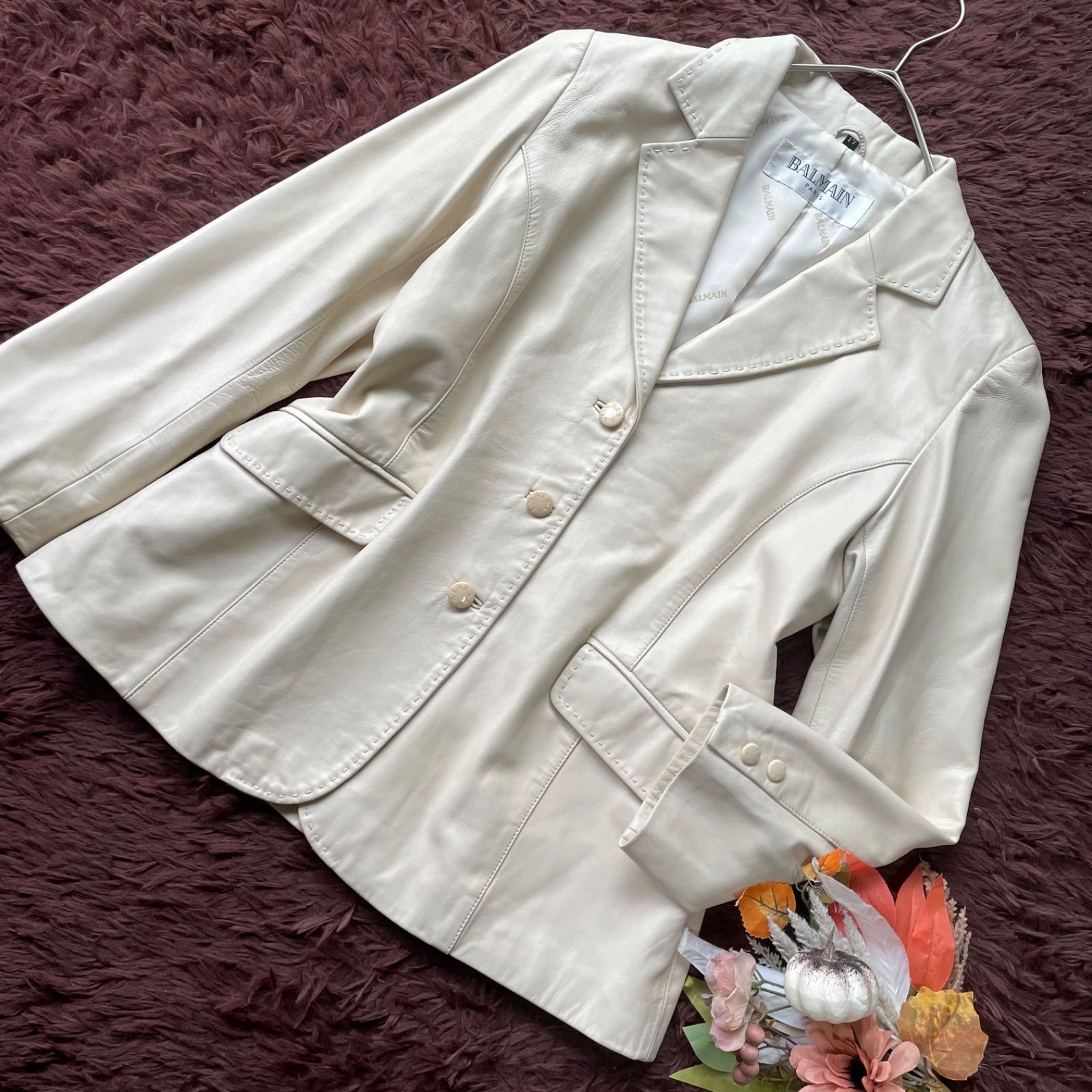 BALMAIN バルマン ラムレザーテーラードジャケット 3B 裏地総柄 大きいサイズ 17 羊革 本革 ロゴボタン