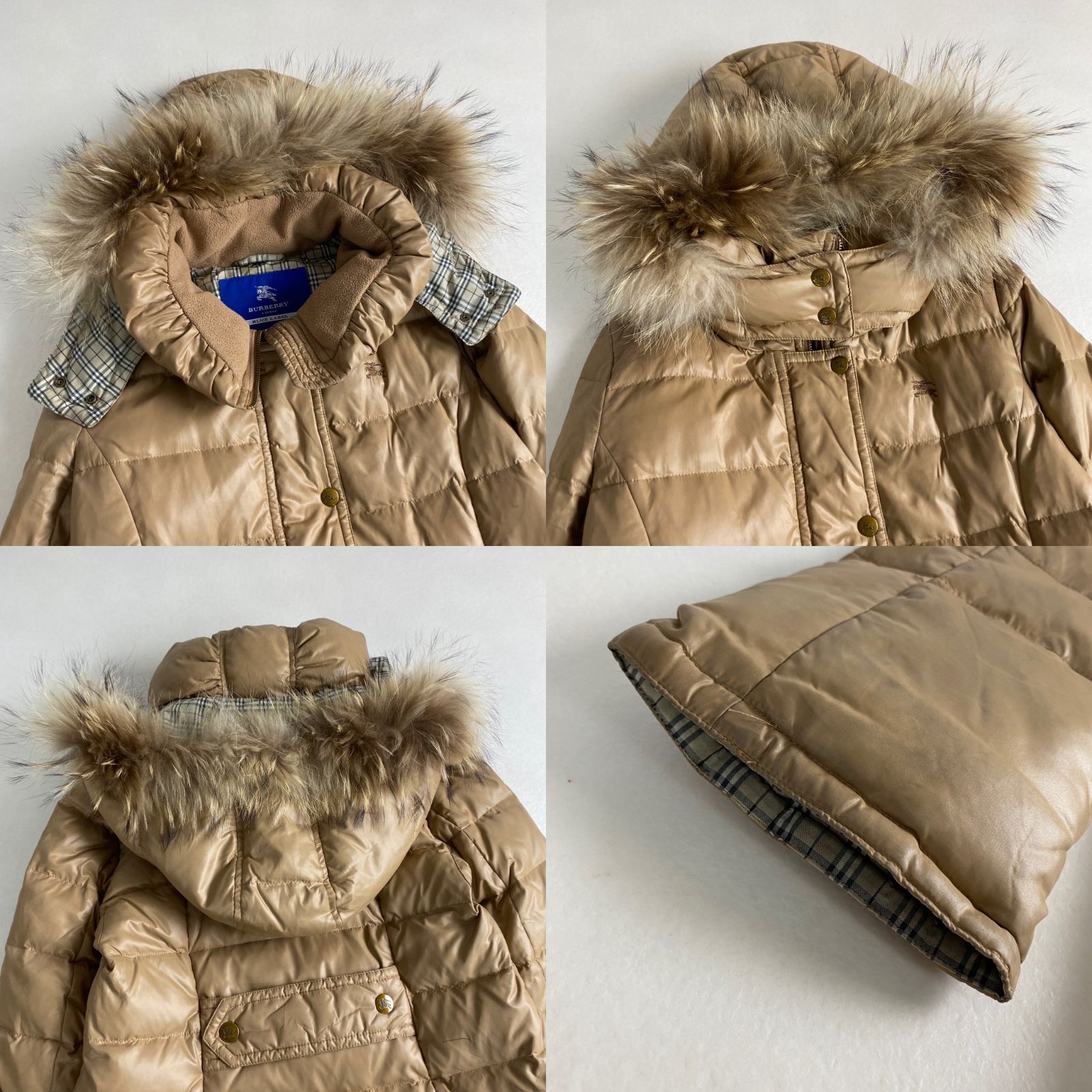美品　バーバリーブルーレーベル　ダウンコート　ノバチェック　ファー　ベージュ バーバリーブルーレーベル ダウンコート 2way ファー ノバチェック