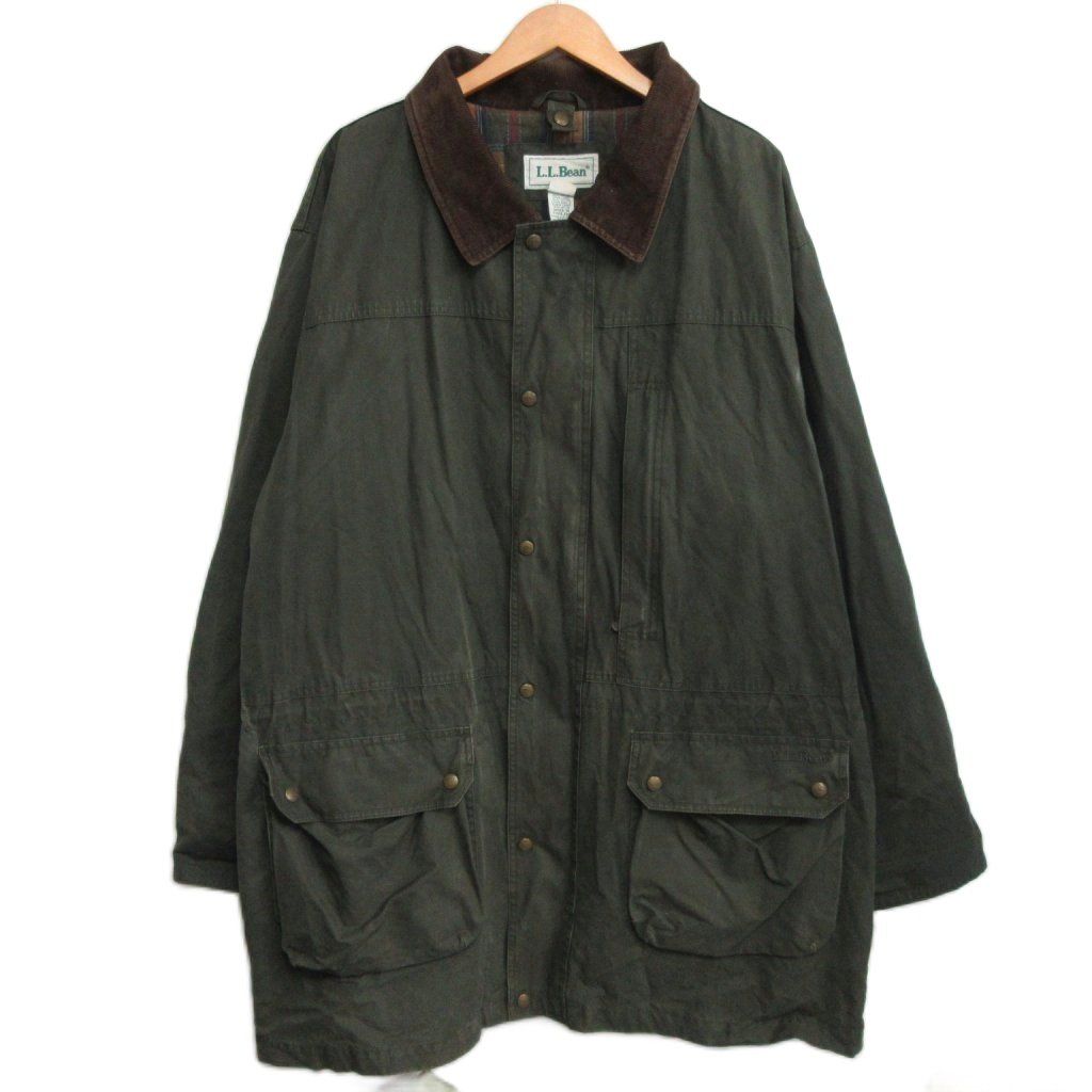 エルエルビーン L.L.BEAN 80s ヴィンテージ オイルドジャケット ワックスコットン フィールドコート コーズ襟 チェック裏地 カーキ XL