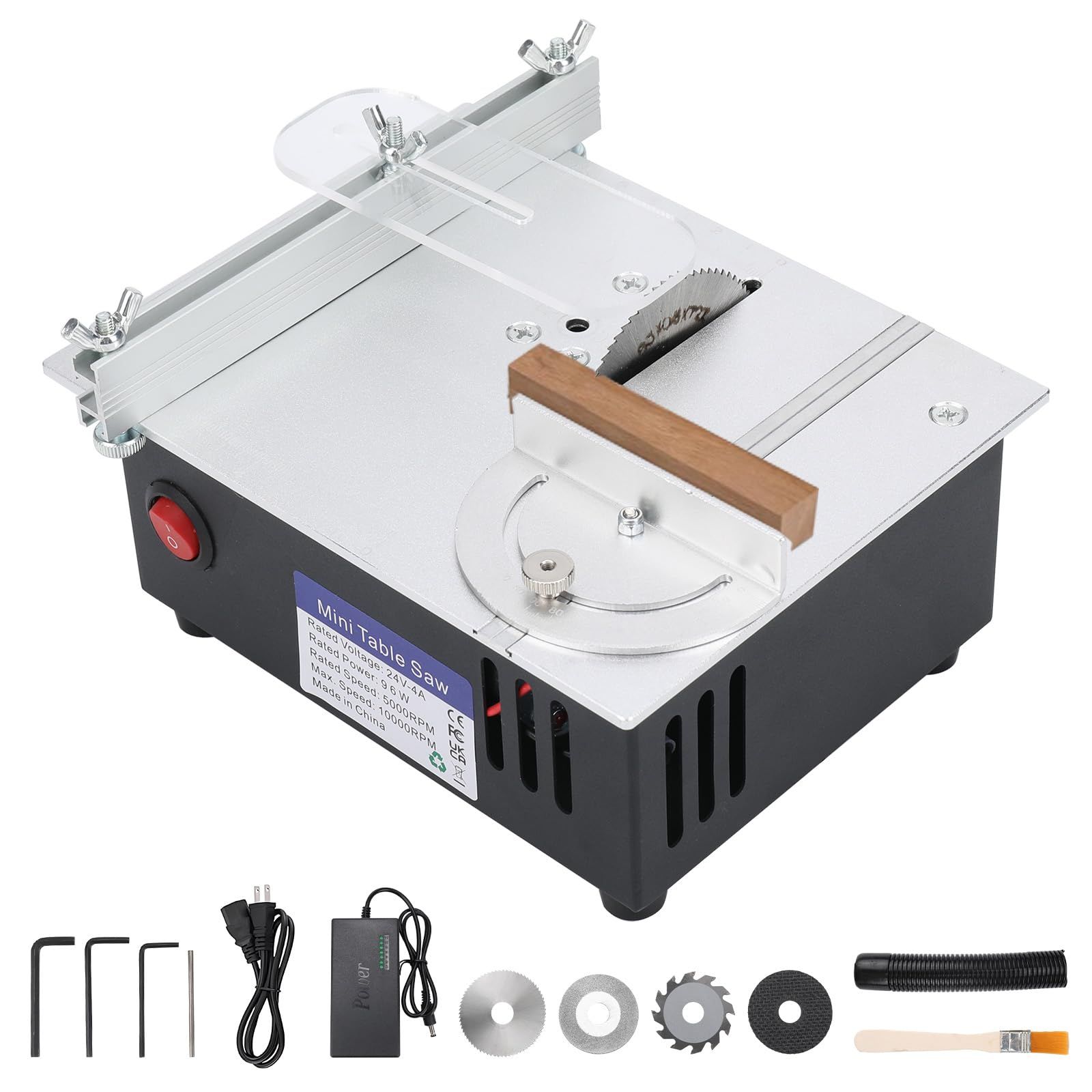 24V 電動小型テーブルソー ミニチュア電動のこぎり 5000Rpm 7段速度調節 0.1-15mm切削高さ調整 木材 プラスチック アルミ板切断用 鋸刃4枚付き DIY精密加工機 家用 14 18 8cm ホワイト