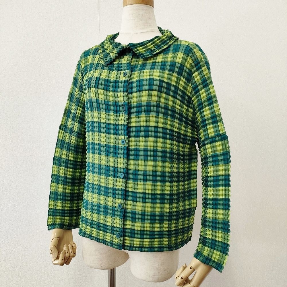 me ISSEY MIYAKE プリーツ加工 MI41FO562 チェック柄 長袖シャツ グリーン レディース ミー イッセイミヤケ 5-1021M