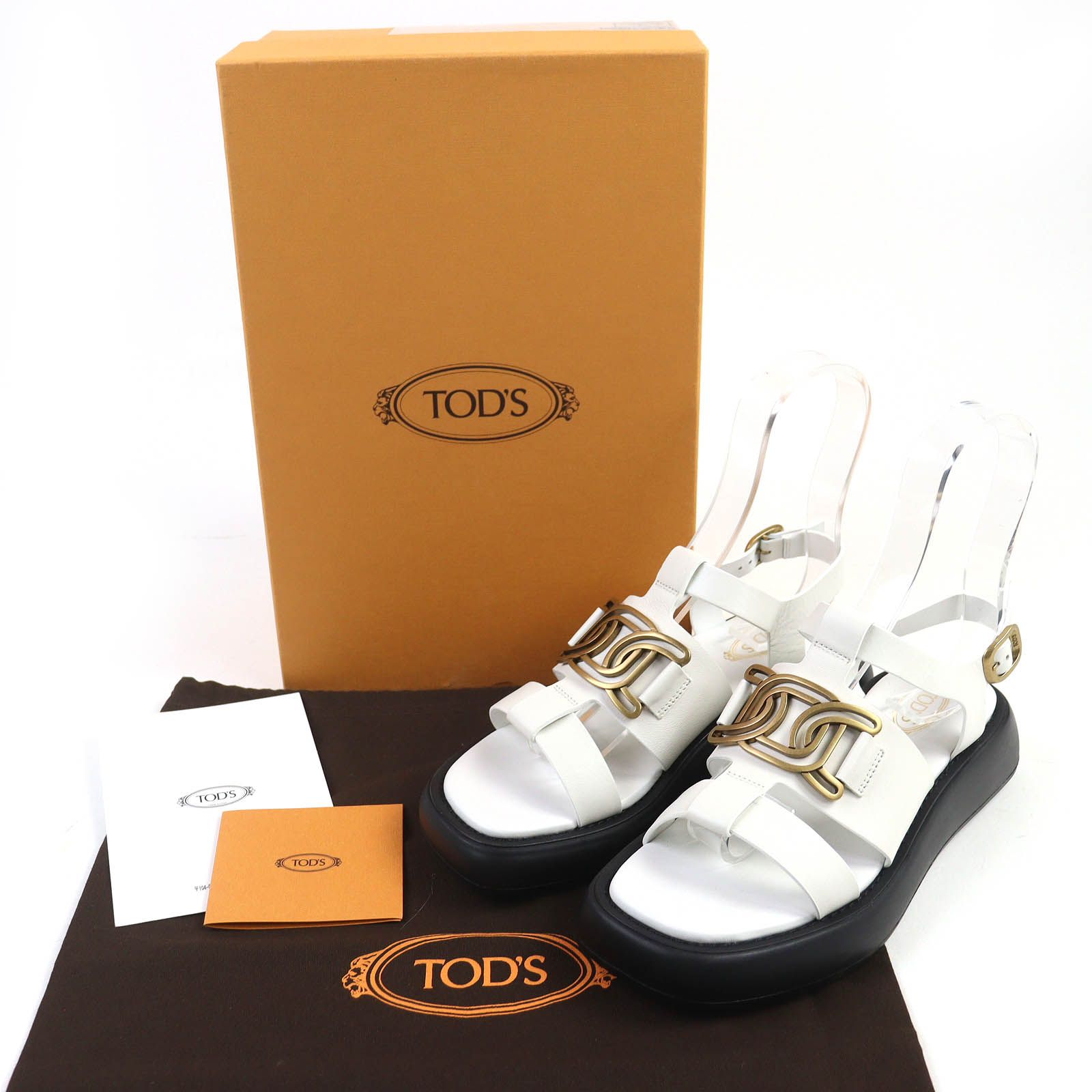 TOD’S トッズ KATE ケイト メタルチェーン ストラップ ロゴ レザー サンダル ホワイト ブラック ゴールド 36.5 箱 保存袋付き イタリア製 レディース