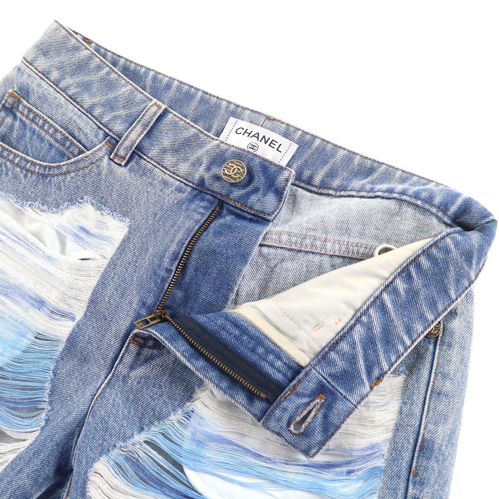CHANEL シャネル P60217 コットン ココマークボタン ダメージチュール クロップド デニムパンツ インディゴブルー 36 イタリア製 レディース DECORATOM_COM_BR