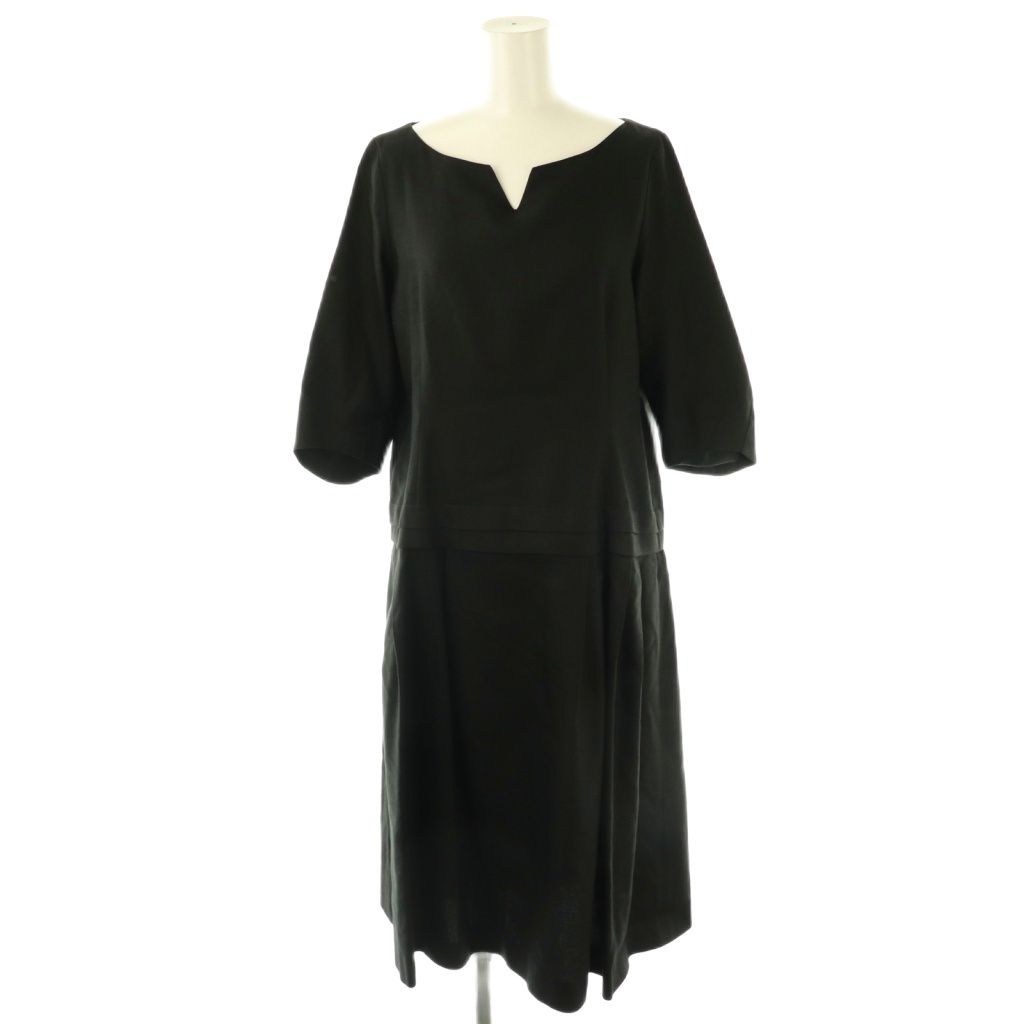 リゼッタ Lisette リネンシルクバックデザインボタンワンピース ミモレ ロング 七分袖 黒 ブラック AT OS