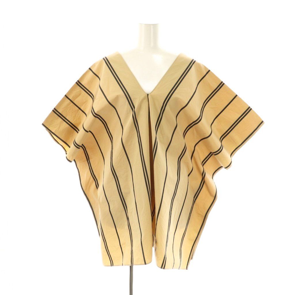 ジルサンダー JIL SANDER ストライプスクエアブラウス フレンチスリーブ プルオーバー コットン XS ベージュ 黒 NR OS