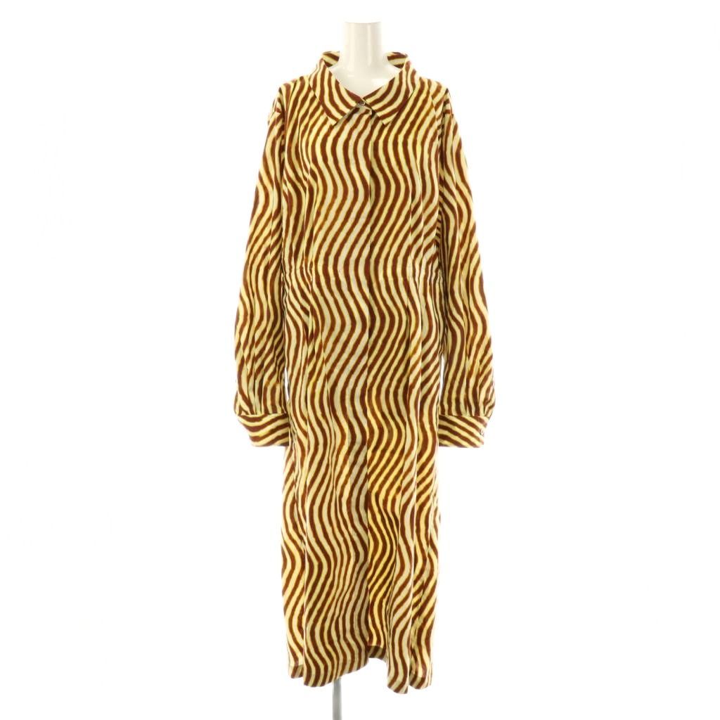 ドリスヴァンノッテン DRIES VAN NOTEN Len Lye 総柄 シャツワンピース 長袖 ロング コットン 38 オフホワイト 黄色 茶 NR OS