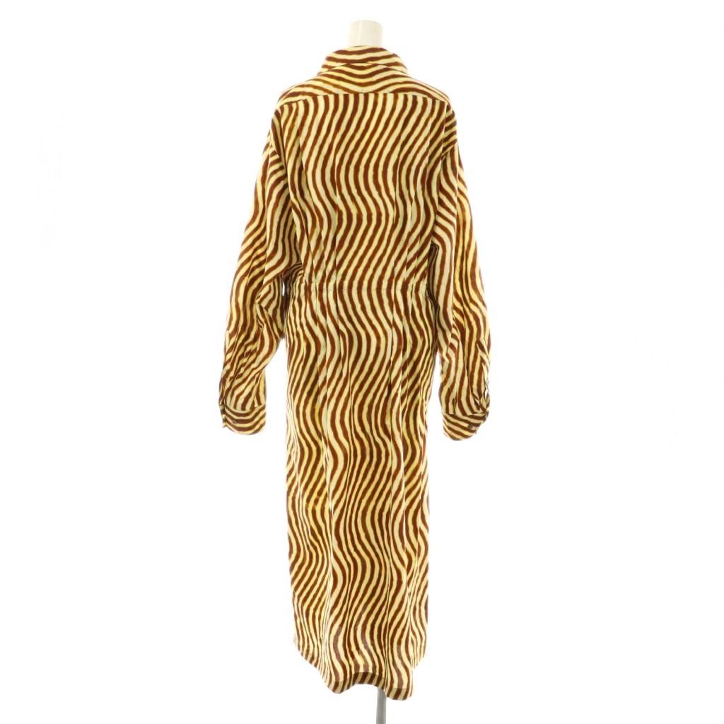 ドリスヴァンノッテン DRIES VAN NOTEN Len Lye 総柄 シャツワンピース 長袖 ロング コットン 38 オフホワイト 黄色 茶 NR OS