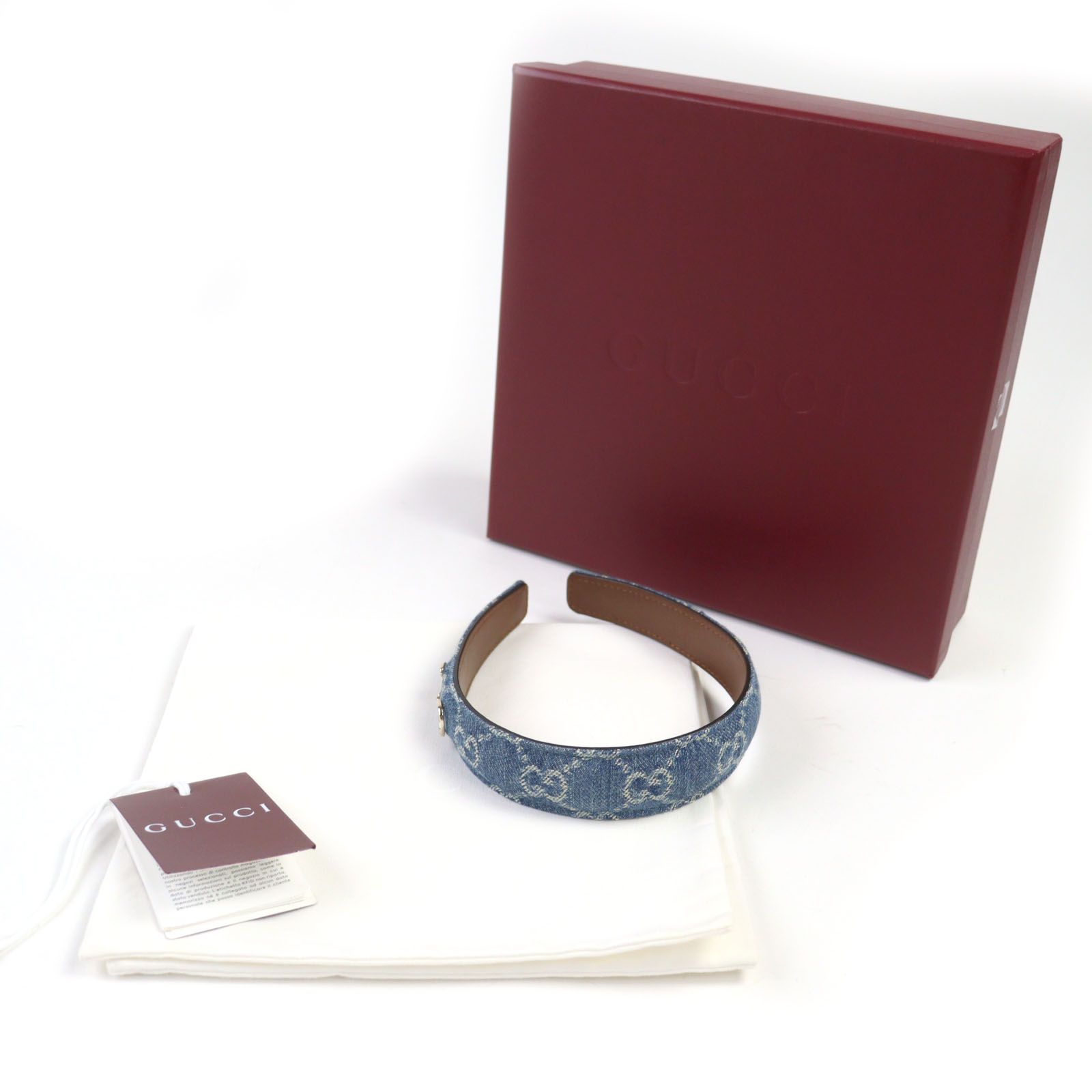 GUCCI グッチ 836228 レザー使い GGデニム ホースビット ヘアバンド ヘア インディゴブルー シルバー金具 箱 保存袋付き イタリア製 レディース