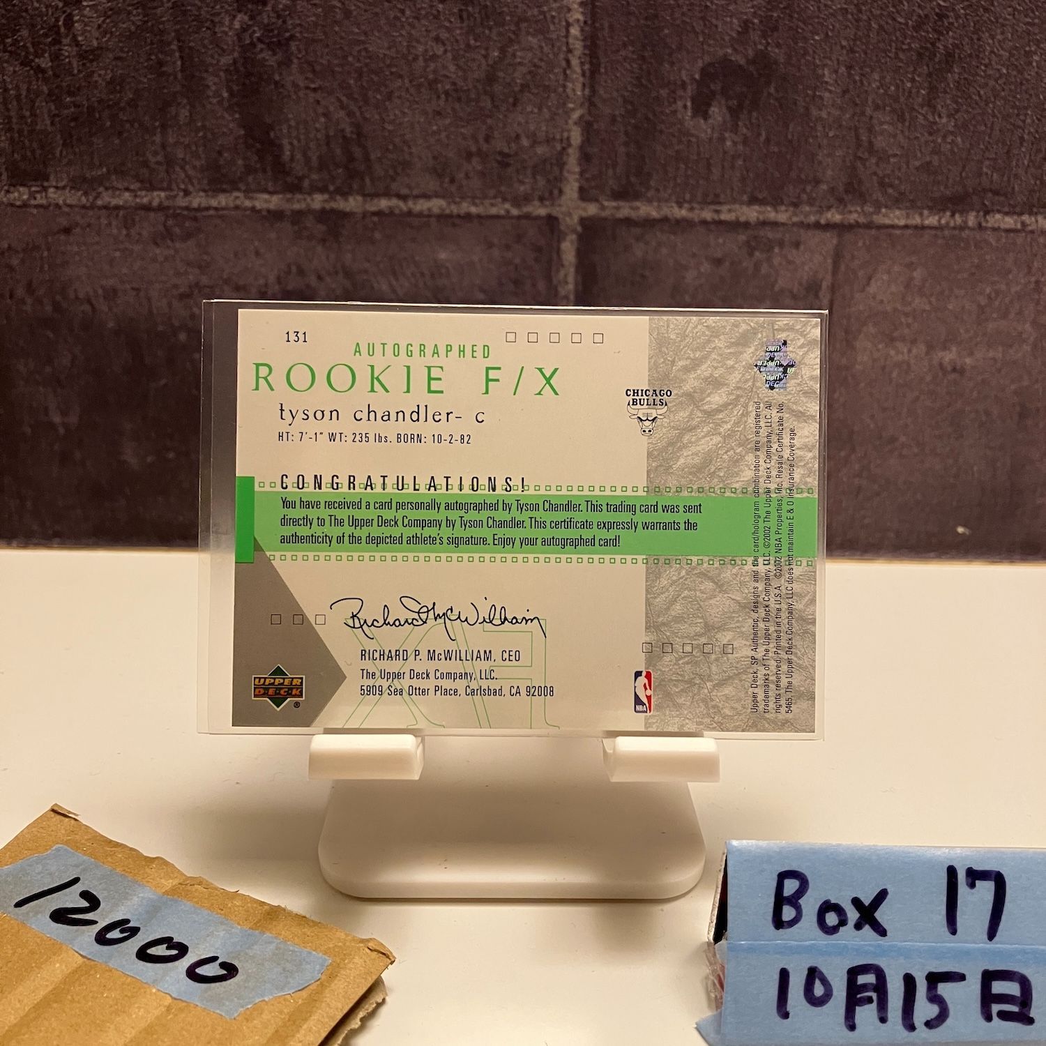 2002 Upper Deck SP Authentic Tyson Chandler 0461 1525 直筆サインカード Chicago Bulls RC ルーキー Rookie F X カード