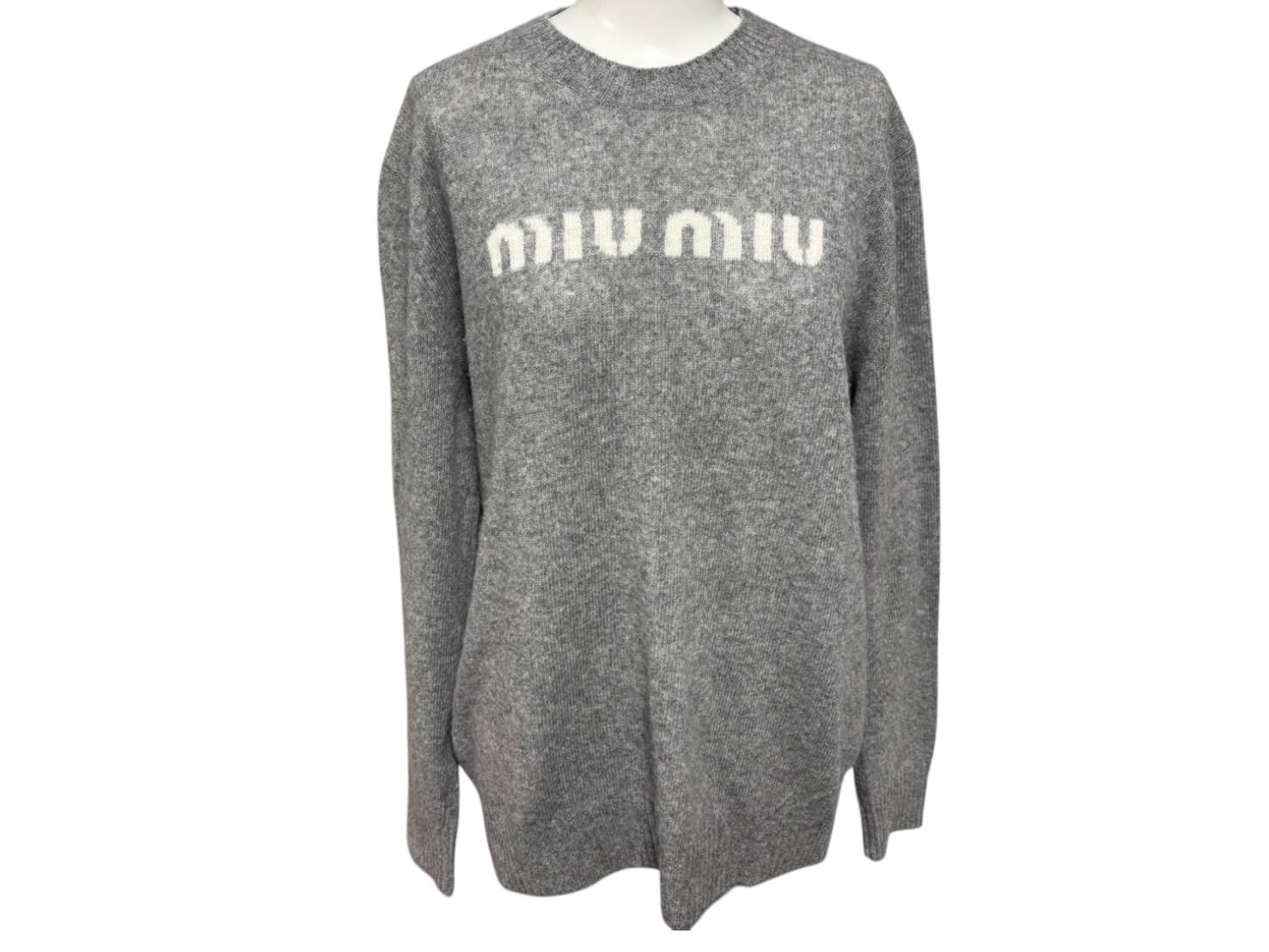 MIUMIU ミュウミュウ ニット セーター MML808 サイズ40 カシミヤ ウール インターシャロゴ グレー ホワイト 4b008197