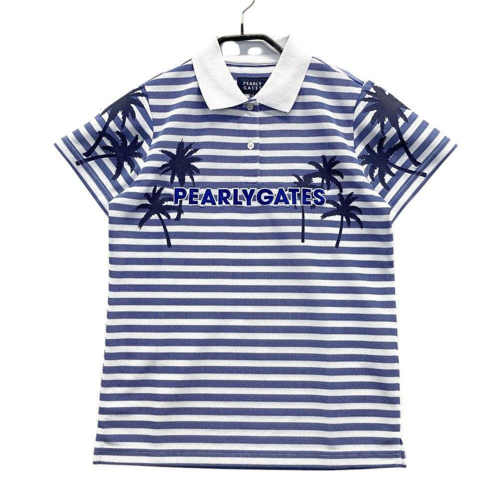 サイズ 0 PEARLY GATES パーリーゲイツ 055-1260616 半袖ポロシャツ ヤシの木プリント ボーダー柄 ブルー系 240101475311 ゴルフウェア レディース ストスト