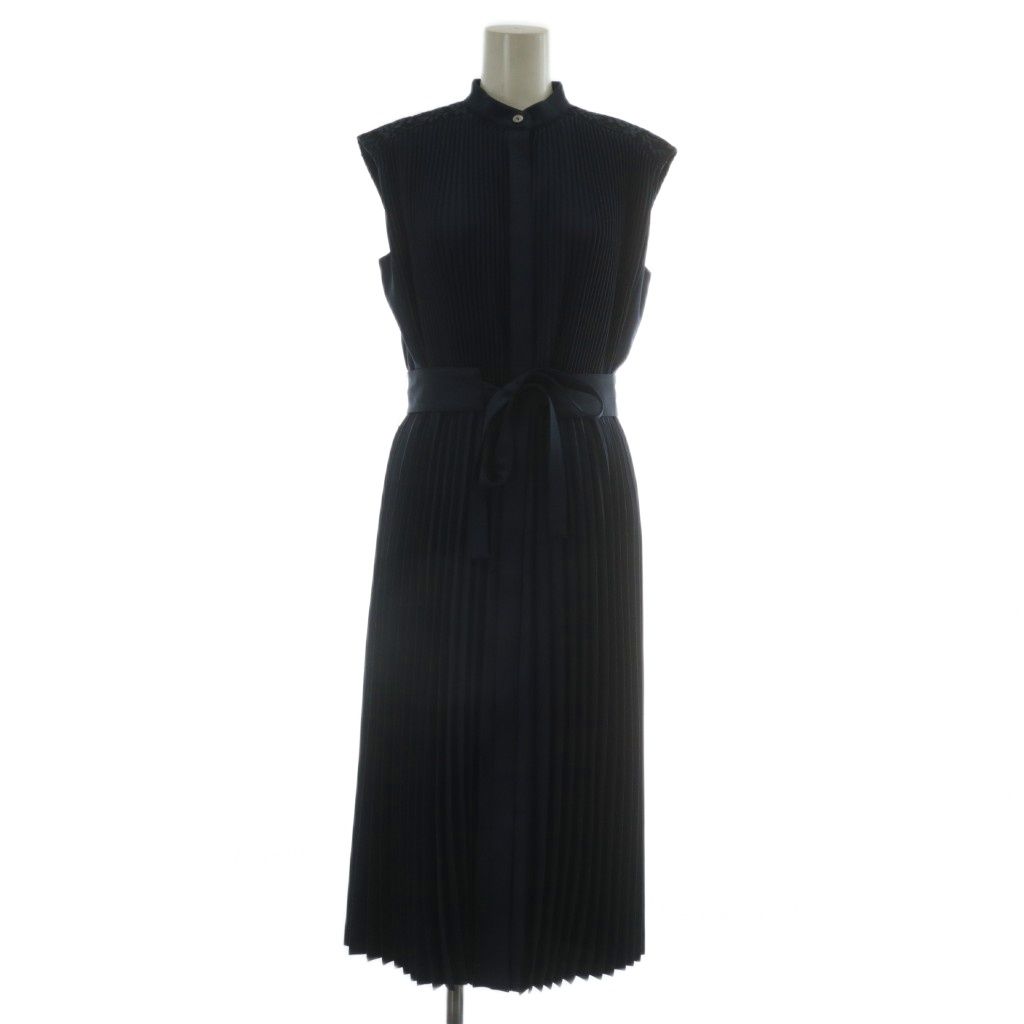 インポートロッサ import Rossa ワンピース ノースリーブ ロング プリーツ レース 刺繍 ベルト付き 42 M 紺 ネイビー XZ GY18