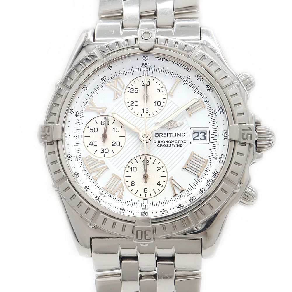内部点検済 BREITLING ブライトリング クロスウィンド クロノグラフ A13355 100m防水 ローマンインデックス デイト 白 ホワイト SS ステンレス メンズ 自動巻き 6ヶ月保証 腕時計